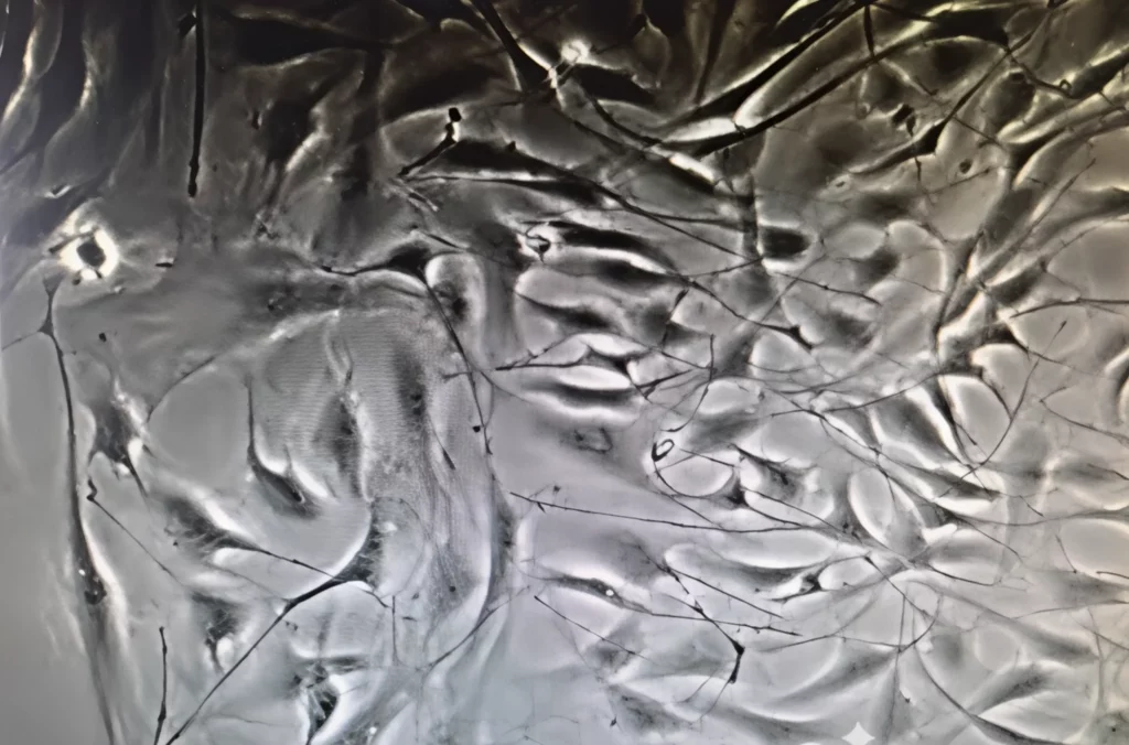 Image microscopique réelle de fibroblastes, montrant l’activité cellulaire impliquée dans la régénération tissulaire stimulée par la Pression Focale.
