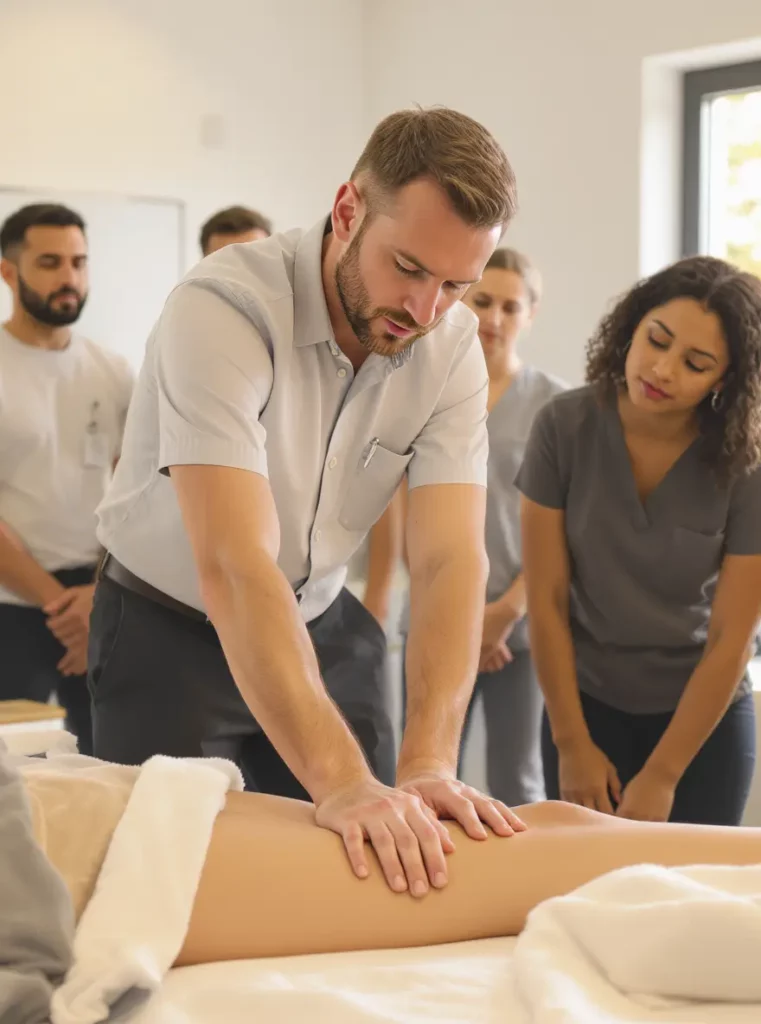 Formation ostéopathie Pression Focale – démonstration pratique sur le membre inférieur devant un groupe d’ostéopathes en formation.