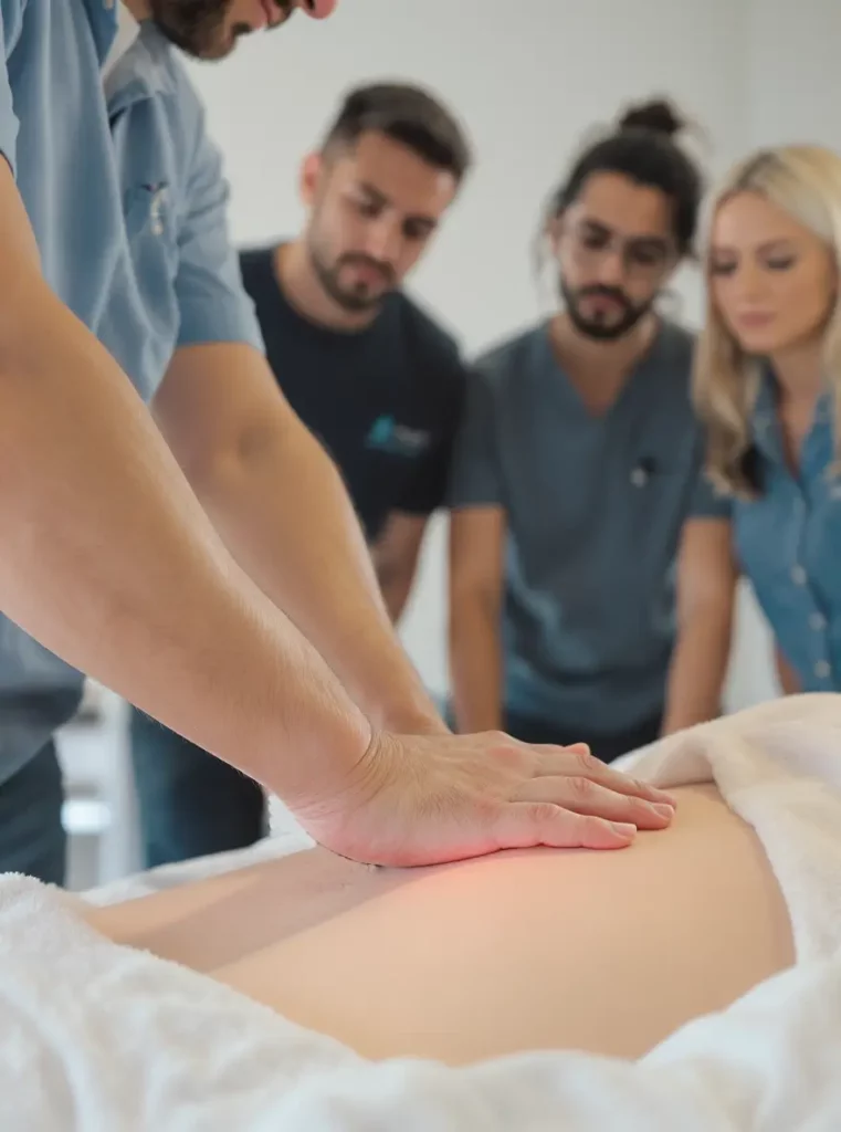 Formation ostéopathie Pression Focale – démonstration de la technique lombaire par un praticien expérimenté, avec stagiaires observant de près