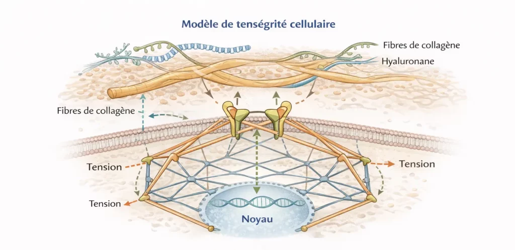 Schéma 2 de tenségrité cellulaire montrant la continuité des forces de la matrice au noyau.