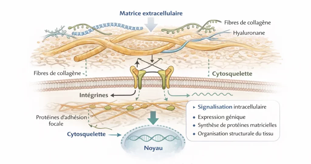 Schéma conceptuel de la mécanotransduction matrice extracellulaire → intégrines → cytosquelette → noyau. Schéma de la mécanotransduction : matrice extracellulaire, intégrines, cytosquelette et noyau