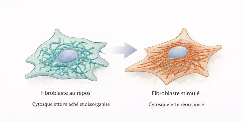 Schéma illustrant le remodelage cytosquelettique des fibroblastes en réponse à une contrainte mécanique.
