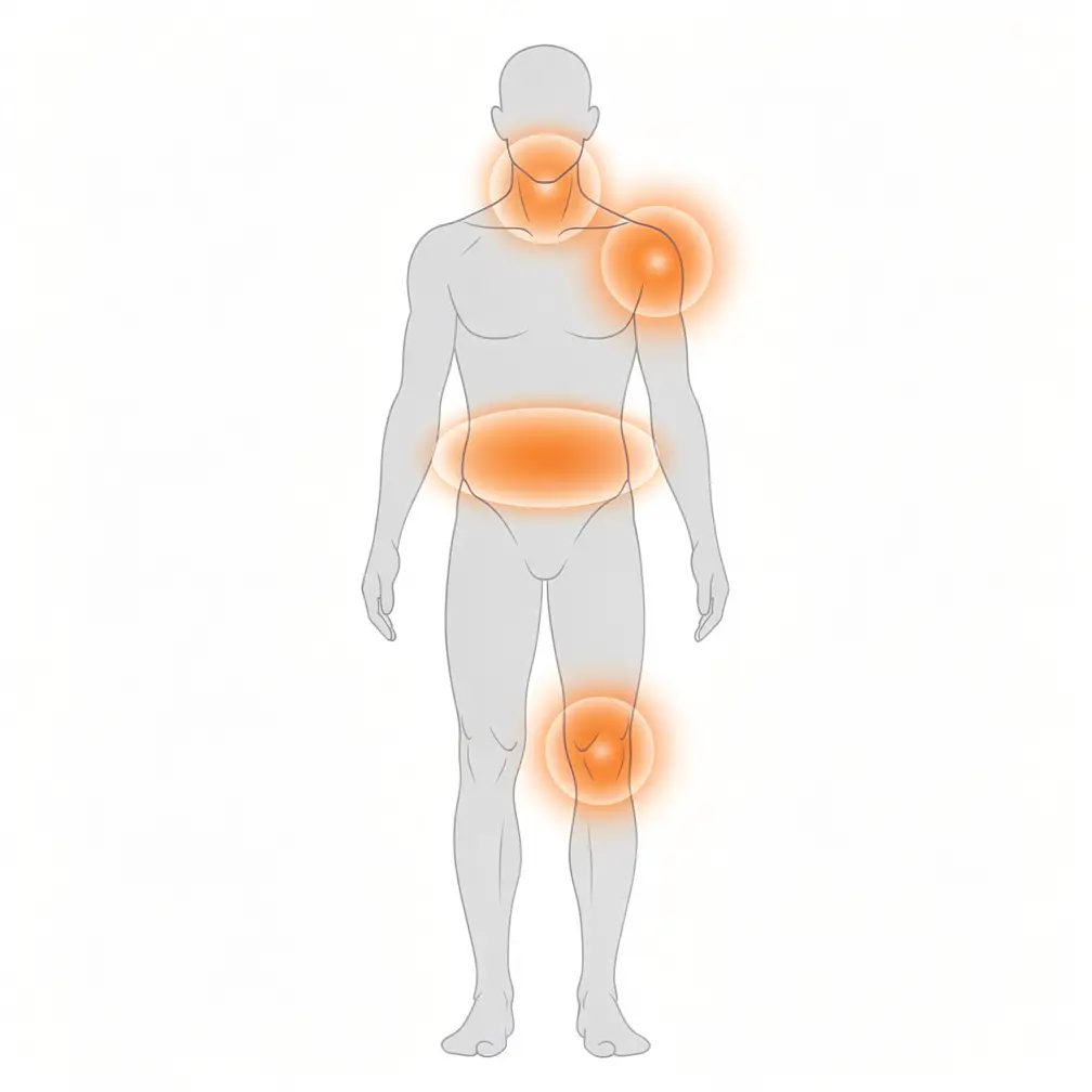principales zones de douleurs chroniques musculo-squelettiques : cervicales, épaule, lombaires et genou