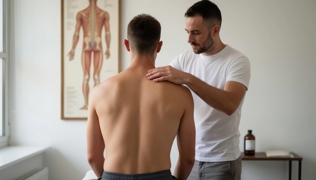 Illustration d'une consultation avec examen manuel de l'épaule.
